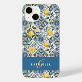 Blauwe tegel Gele waterverf citroen naam Case-Mate iPhone 14 Hoesje
