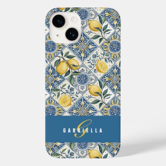 Blauwe tegel Gele waterverf citroen naam Case-Mate iPhone Case (Achterkant)