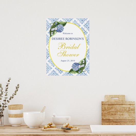 Blauwe Tegel Hortensia Bruidsfeest Welkomstbord Poster (Keuken)