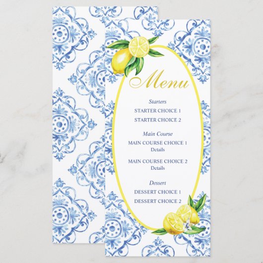 Blauwe Tegel Italiaans Floral Lemon Diner Menu (Voorkant / Achterkant)