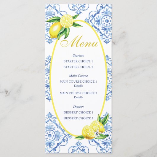 Blauwe Tegel Italiaans Floral Lemon Diner Menu (Voorkant)