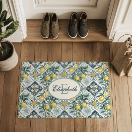 Blauwe tegel land citroen patroon monogram naam deurmat