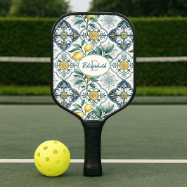 Blauwe tegel land citroen patroon monogram naam pickleball paddle