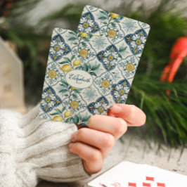 Blauwe tegel land citroen patroon monogram naam pokerkaarten