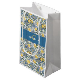 Blauwe tegel land citroen waterverf monogram klein cadeauzakje