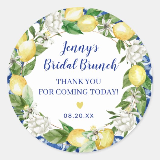 Blauwe Tegel Lemon Bridal Brunch Ronde Sticker (Voorkant)