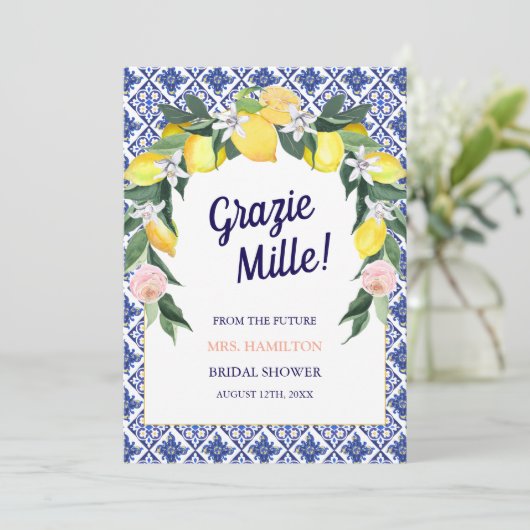 Blauwe Tegel Lemon Grazie Mille Bruidsfeest Bedankkaart (Staand voorkant)