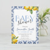 Blauwe Tegel Lemon Italiaans Baby shower Uitnodigi Aankondiging (Staand voorkant)