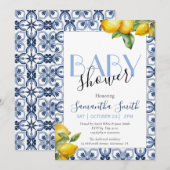 Blauwe Tegel Lemon Italiaans Baby shower Uitnodigi Aankondiging (Voorkant / Achterkant)