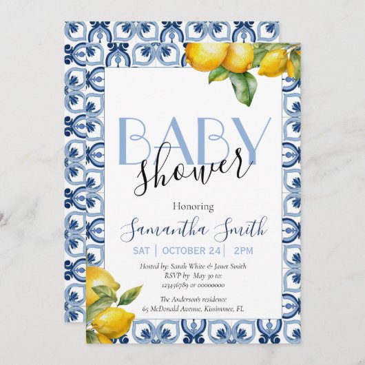 Blauwe Tegel Lemon Italiaans Baby shower Uitnodigi Aankondiging (Voorkant / Achterkant)