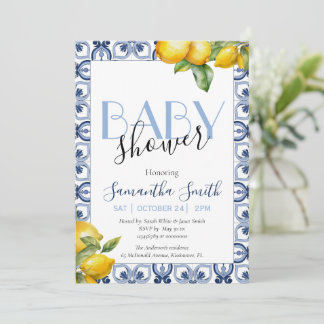 Blauwe Tegel Lemon Italiaans Baby shower Uitnodigi Aankondiging
