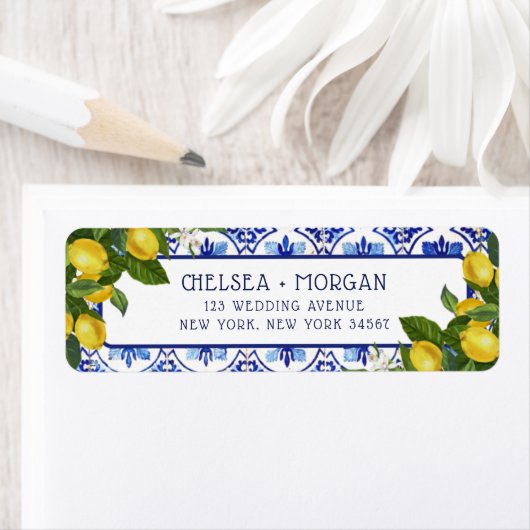 Blauwe Tegel Limoen Koppel Mediterrane Bruiloft Etiket (Insitu)