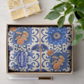 Blauwe tegel met oranje bloemen decoupage tissuepapier (Geschenk)