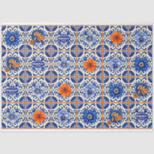 Blauwe tegel met oranje bloemen decoupage