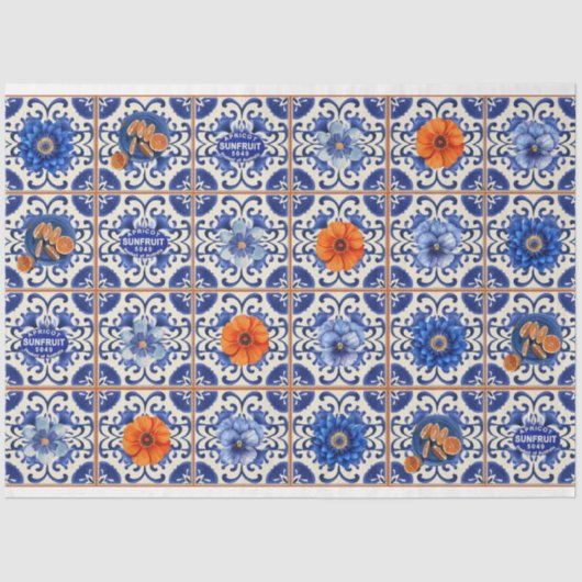 Blauwe tegel met oranje bloemen decoupage tissuepapier (Voorkant)