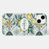Blauwe tegel monogram Franse landelijke citroenpat Case-Mate iPhone Case (Achterkant (horizontaal))