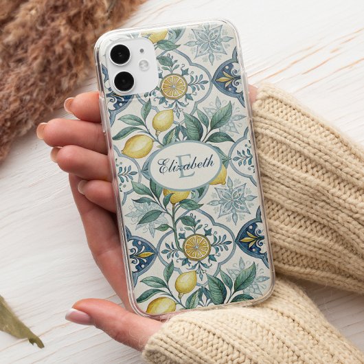 Blauwe tegel monogram Franse landelijke citroenpat Case-Mate iPhone Case