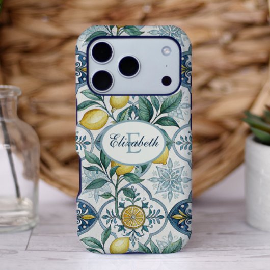 Blauwe tegel monogram Franse landelijke citroenpat Case-Mate iPhone Case