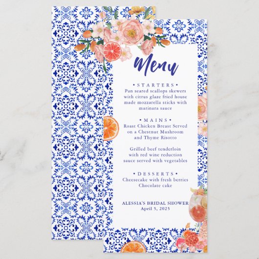Blauwe Tegel Sinaasappel Italiaans Vrijgezellenfee Menu (Voorkant / Achterkant)