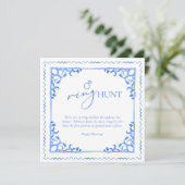 Blauwe Tegel Vrijgezellenfeest Ring Hunt Tafelteke (Staand voorkant)