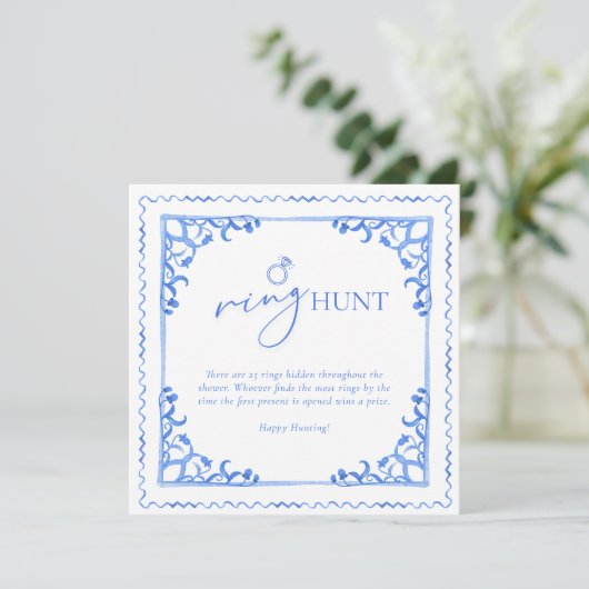 Blauwe Tegel Vrijgezellenfeest Ring Hunt Tafelteke (Staand voorkant)