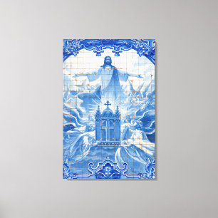 Blauwe tegelmozaïek van Jezus, Portugal Canvas Afdruk