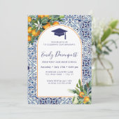 Blauwe tegels Afstuderen Uitnodiging Foto op rug (Staand voorkant)