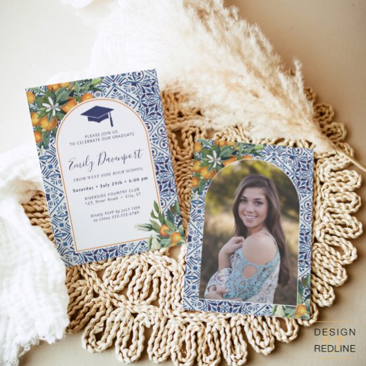 Blauwe tegels Afstuderen Uitnodiging Foto op rug