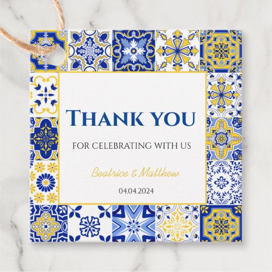 Blauwe Tegels Amalfi Bruiloft Citroen Bruidsje Dan Bedankjes Labels (Voorkant)