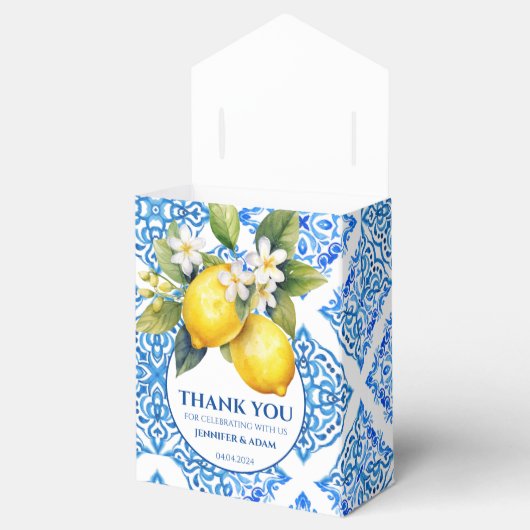 Blauwe Tegels Amalfi Lemon Bruiloft Dank je Tas Bedankdoosjes (Geopend)