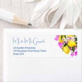 Blauwe Tegels Bougainvillea citroenen elegante bru Etiket