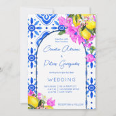 Blauwe Tegels Bougainvillea citroenen elegante bru Kaart (Voorkant)