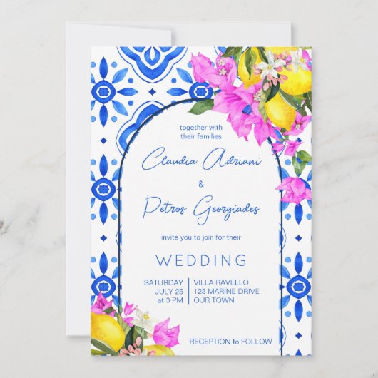 Blauwe Tegels Bougainvillea citroenen elegante bru Kaart (Voorkant)