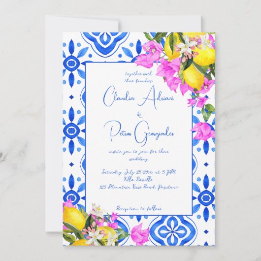 Blauwe Tegels Bougainvillea citroenen elegante bru Kaart (Voorkant)