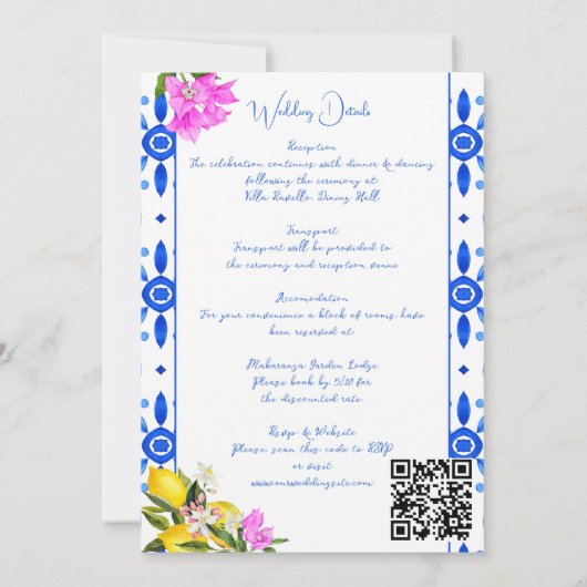 Blauwe Tegels Bougainvillea citroenen elegante bru Kaart (Achterkant)