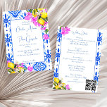 Blauwe Tegels Bougainvillea citroenen elegante bru Kaart<br><div class="desc">Blue Tegels en Bougainvillea citroenen elegant Mediterraan Grieks Santorini Mykonos thema bruiloft uitnodiging sjabloon direct downloaden alles in één - met bruiloft details en met qr rsvp code aan de achterkant,  voeg gewoon uw url adres en Zazzle zal code voor u genereren.</div>