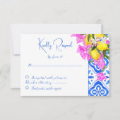 Blauwe Tegels Bougainvillea citroenen elegante bru RSVP Kaartje (Voorkant)