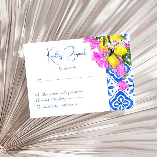 Blauwe Tegels Bougainvillea citroenen elegante bru RSVP Kaartje
