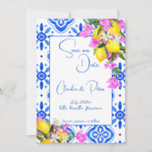Blauwe Tegels Bougainvillea citroenen elegante tro Save The Date (Voorkant)