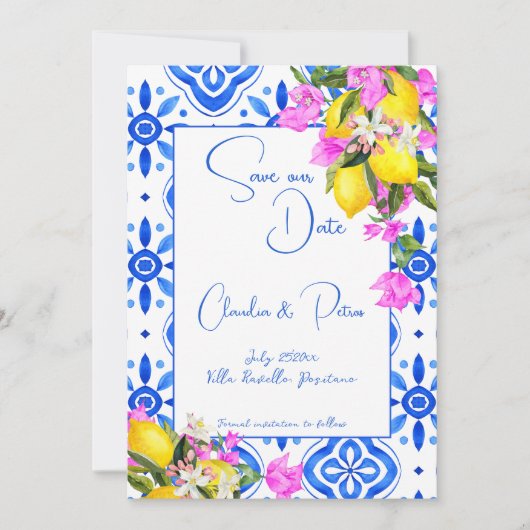 Blauwe Tegels Bougainvillea citroenen elegante tro Save The Date (Voorkant)
