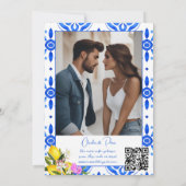 Blauwe Tegels Bougainvillea citroenen elegante tro Save The Date (Achterkant)