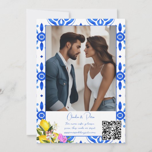 Blauwe Tegels Bougainvillea citroenen elegante tro Save The Date (Achterkant)