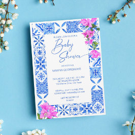 Blauwe Tegels Bougainvillea elegant baby shower Kaart