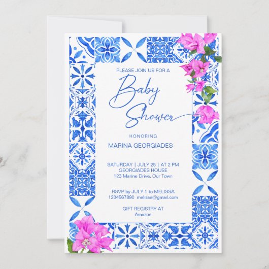 Blauwe Tegels Bougainvillea elegant baby shower Kaart (Voorkant)