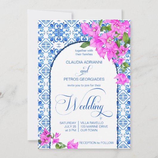 Blauwe Tegels Bougainvillea elegant bruiloft Kaart (Voorkant)