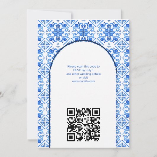 Blauwe Tegels Bougainvillea elegant bruiloft Kaart (Achterkant)