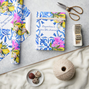 Blauwe Tegels Bougainvillea elegant gepersonalisee Cadeaupapier