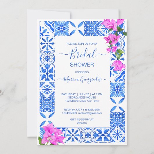 Blauwe Tegels Bougainvillea elegant vrijgezellenfe Kaart (Voorkant)