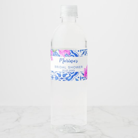 Blauwe Tegels Bougainvillea elegant vrijgezellenfe Waterfles Etiket (Voorkant)