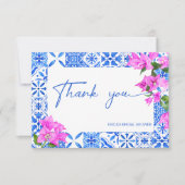 Blauwe Tegels Bougainvillea elegante bruiloft fees Bedankkaart (Voorkant)